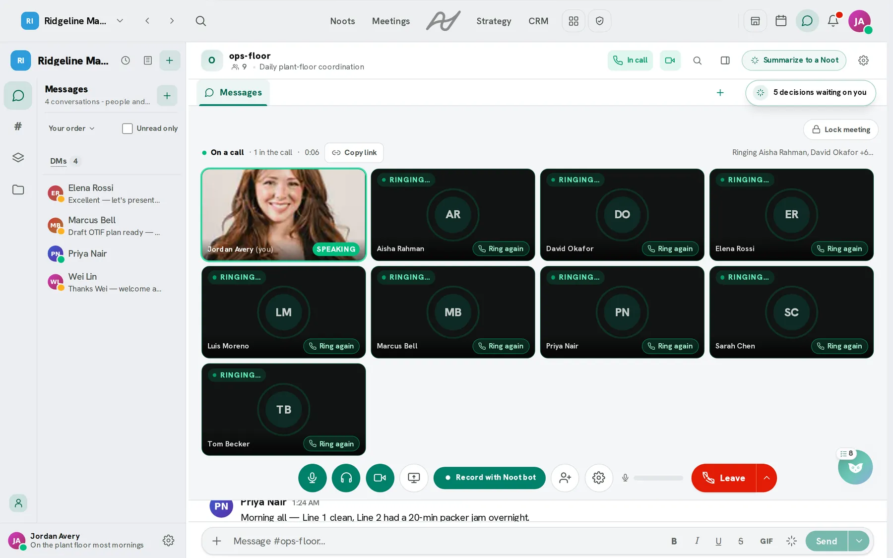 A call started from the same channel: the caller's video tile marked speaking, a tile for every member being rung with a ring-again control, the copy-link control, and the call dock with mute, headphones, camera, screen share, Record with Noot bot, invite, settings and Leave.